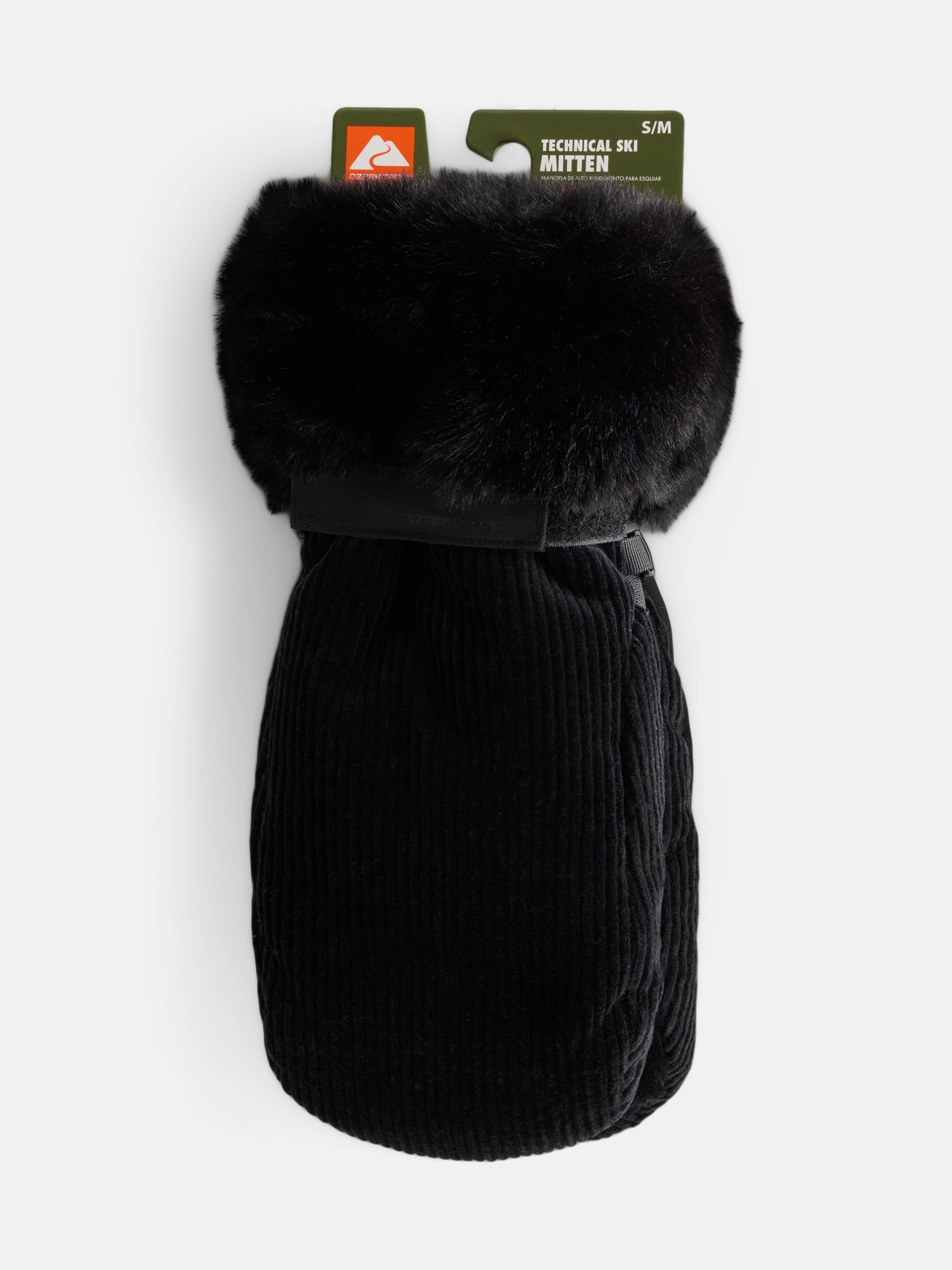 Ozark Trail Women's Corduroy Ski Mittens with Faux Fur Cuffs, Black Soot, Sizes S/M