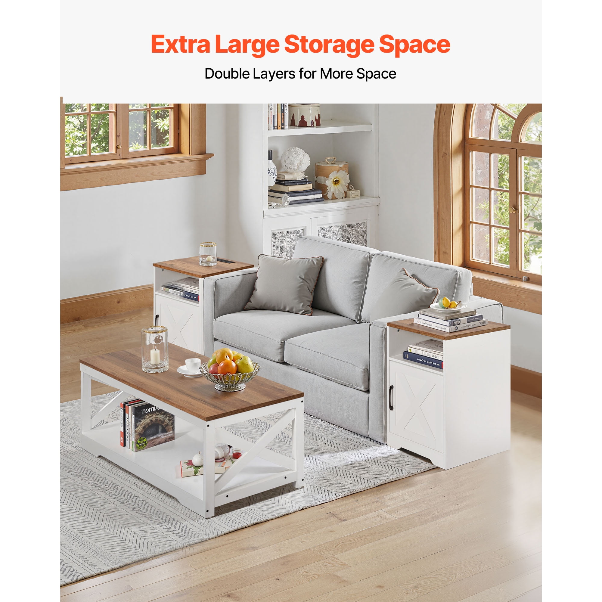 KFFKFF 3-Piece Industrial Coffee Table Set, 40-Inch Coffee Table with 2 Side Tables, Easy Assembly with Built-in Charging Station, Ideal for Living Rooms, Offices, and Apartments