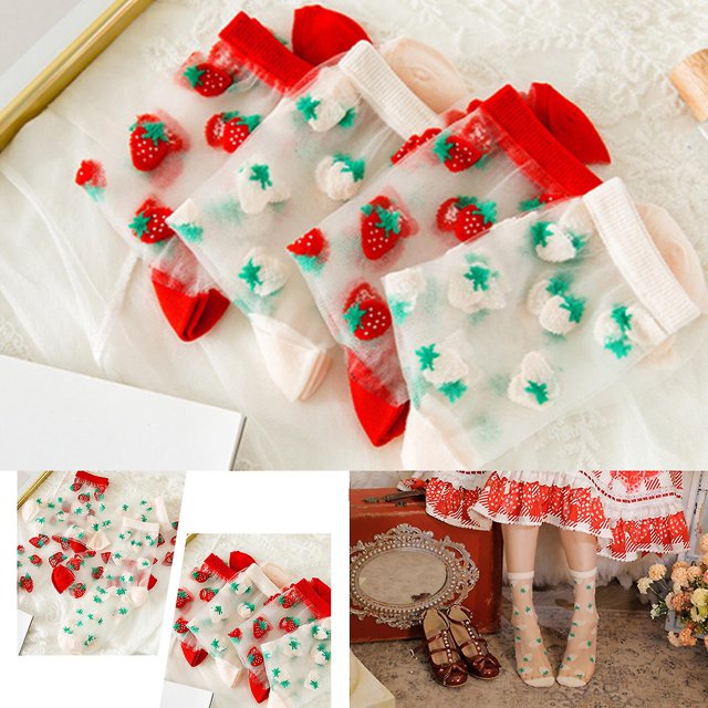 Calcetines de malla transpirables para mujer y niña, medias de tubo medio transparentes sedosas con estampado de fruta y fresa, Harajuku, Lolita, primavera y verano