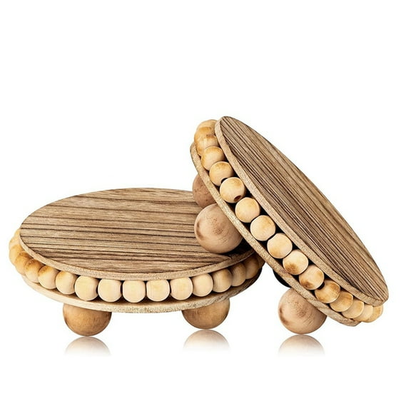 2Pcs Wood Risers for Display Decorative,Round Beaded Riser Distressed for Decor ,Wooden Farmhouse Coasters Cake Stand