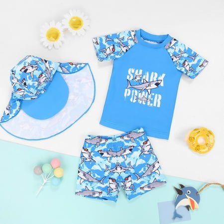 Hpapadks Toddler Girl Outfits Summer Swimsuit Water Sport Short Sleeve Tops Shorts Hats 3 Pieces Bathing Suits Newborn Boy Clothes Sky Blue 3-4 Years