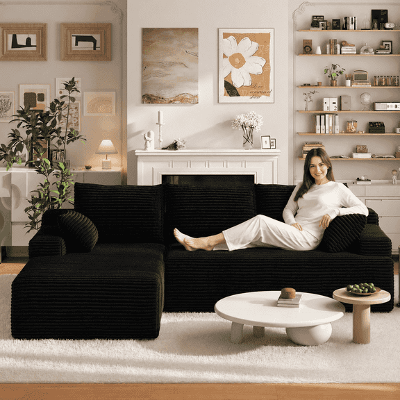 96.1" Boneless Cloud Couch, L-Shaped Modular Sectional Sofa with Reversible Chaise, Deep Seat Corduroy Sofa in a Box, No Assembly Required, Black