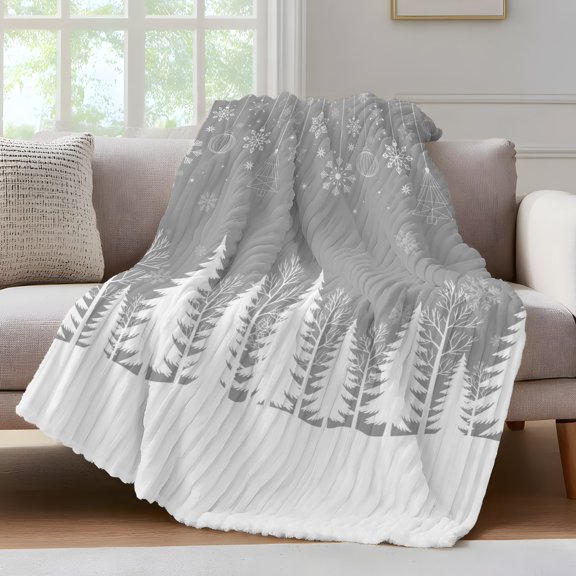 Grey Christmas Fleece Throw Blanket for Couch, Vintage Farmhouse Pine Tree Snowflakes Microfiber Flannel Blanket for All Season, Lightweight Soft Throw Blankets for Gifts, Home Decor, 32"x47"