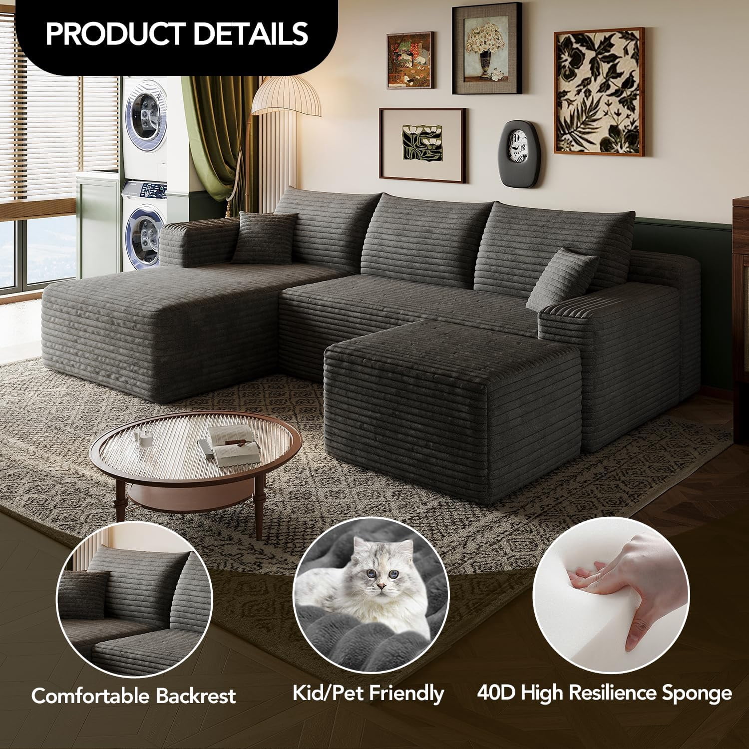 103" Cloud Sectional Sofa, Modern L Shaped Deep Seat Couch, Plush Corduroy Upholstered Sofa No Assembly, Living Room