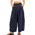 thumbnail image 3 of CAIXIA Women Summer Boho Cotton Linen Polka Dot Pants Beach Elastic Waist Palazzo Wide Leg Barrel Pants, 3 of 4