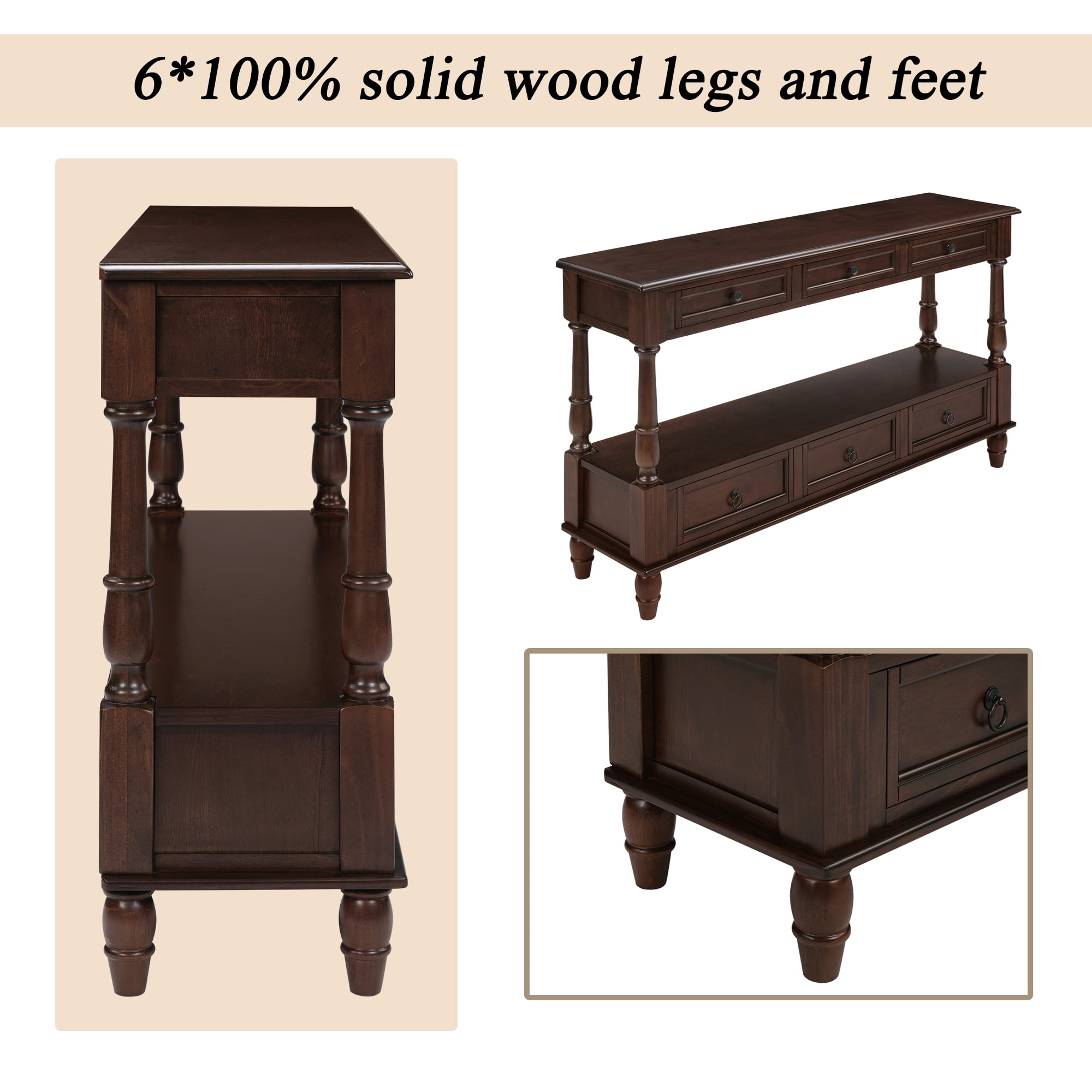 BFJDM 54" Solid Wood Farmhouse Console Table, Espresso with 6 Drawers Storage Shelf for Living Room Hallway