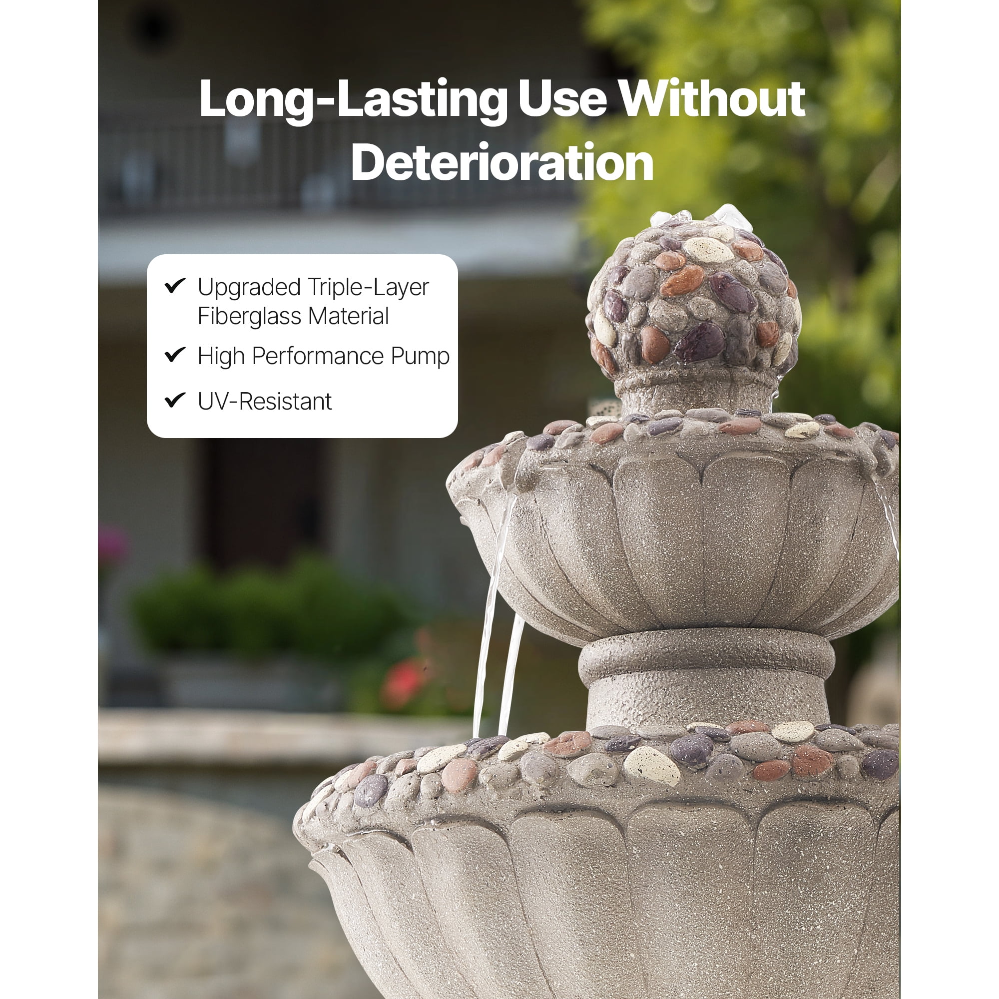 KFFKFF Outdoor Water Fountain, 36.5-Inch Tall 2-Tier Design with Rock-Style Base, Fiberglass and Resin Construction, Includes Pump, Ideal for Garden, Patio, Backyard, or Indoor Spaces