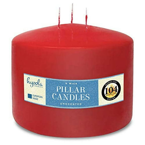 Hyoola 6" x 4.75" Red Unscented European Made 3-Wick Pillar Candles, Dripless Paraffin Wax with Smokeless Cotton Wicks