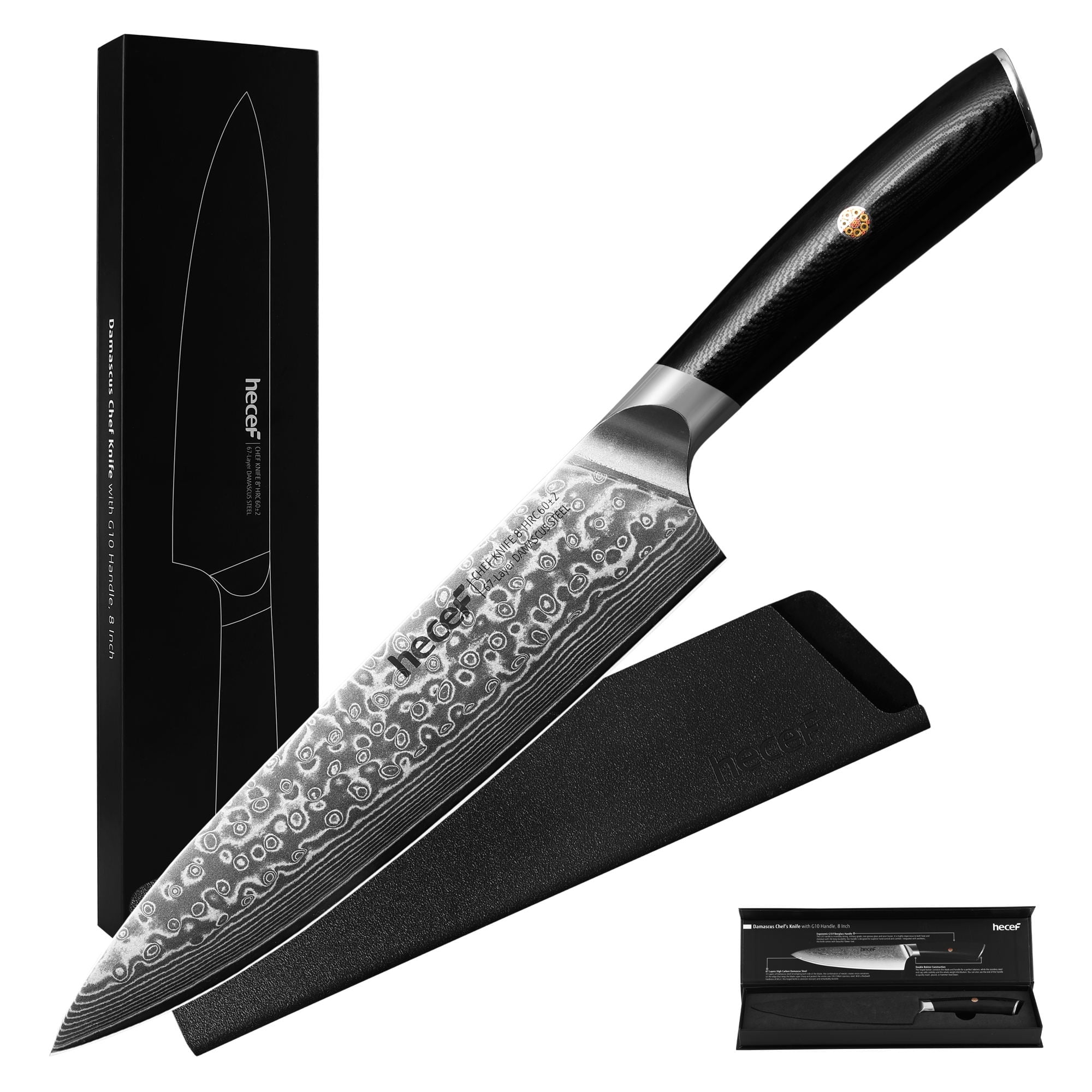 Hecef 8-Inch Damascus Steel Chef Knife, VG10 Professional Kitchen Knife