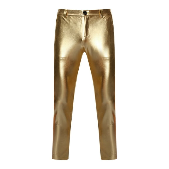Bazeneo Mens Trousers Metallic Shiny Pants with Pockets Smart Casual Slim Fit Disco Pant Personality Party Dance Trouser Fitted Straight Leg Bottoms 70s S0s 90s Night Club Clothes