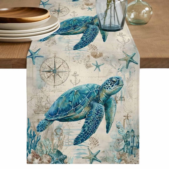 Teal Sea Turtle Coastal Table Runner 70 Inches, Vintage Summer Beach Nautical Bed Runner Dresser Scarves Tabletop for Indoor Outdoor Parties/Ceremony/Banquet, 13" x 70"