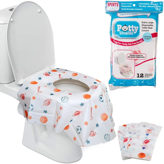 Potty Shields Disposable Toilet Seat Covers for All Ages 12 Pack - Protect From Public Toilets - XL, Weatherproof, Individually Wrapped - Sports Theme