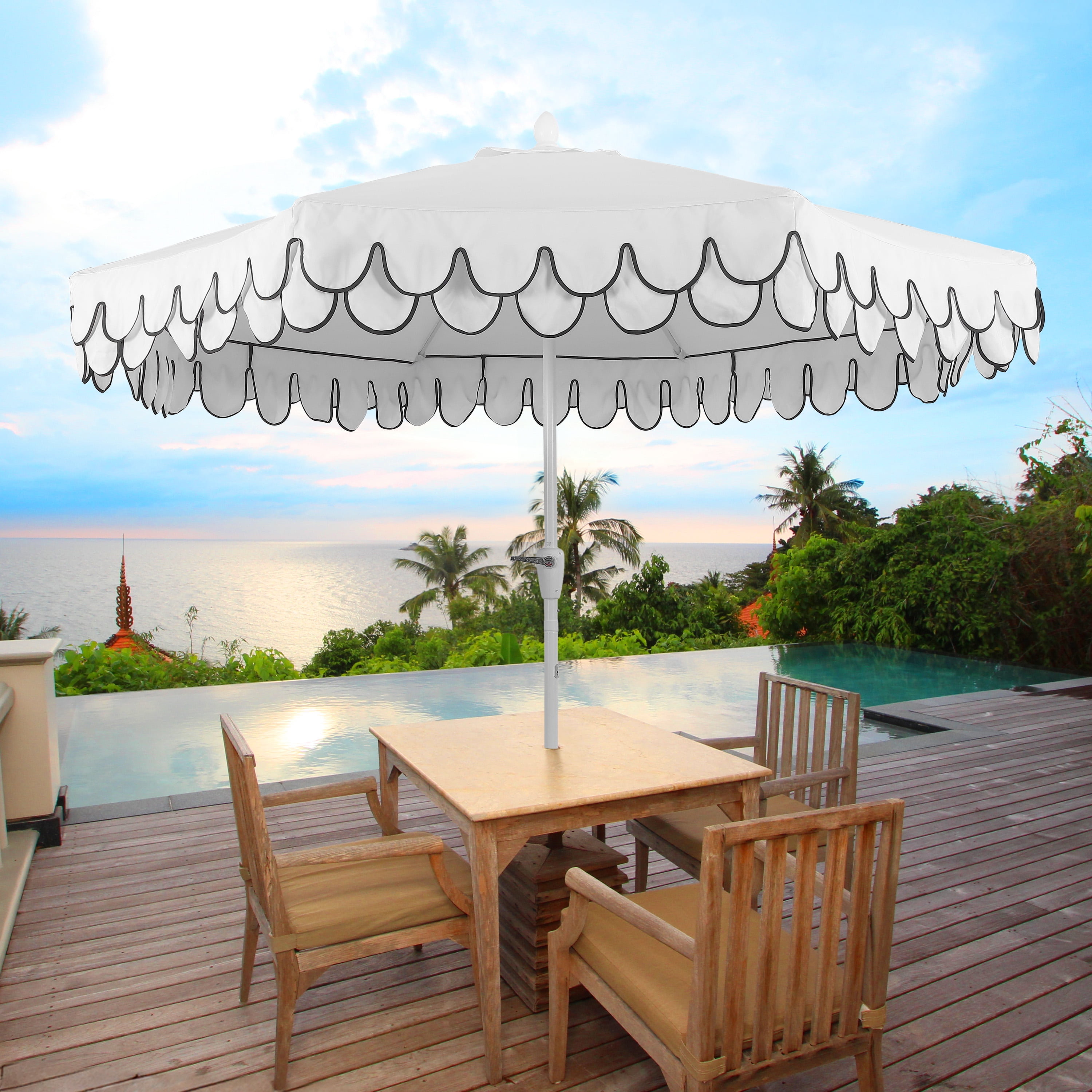 JONATHAN Y Tracy 9 ft. Market Patio Umbrella, Classic Mid-Century Scalloped Fringe, with Auto-Tilt Crank, Wind Vent and UV Protection, White/Black, White Pole