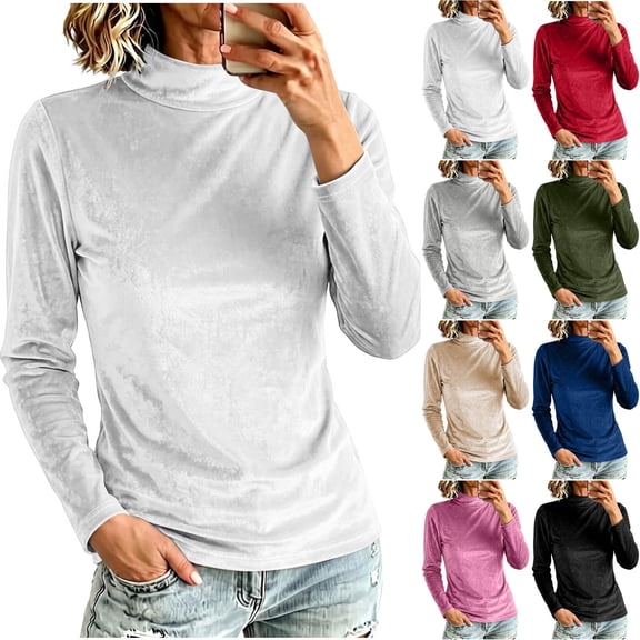 VBVC Women's Mock Neck Velvet Long Sleeve Pullover , Ladies' Slim Fit Stretch Top , Fall Winter Casual Layering Shirts For Women, S-2XL