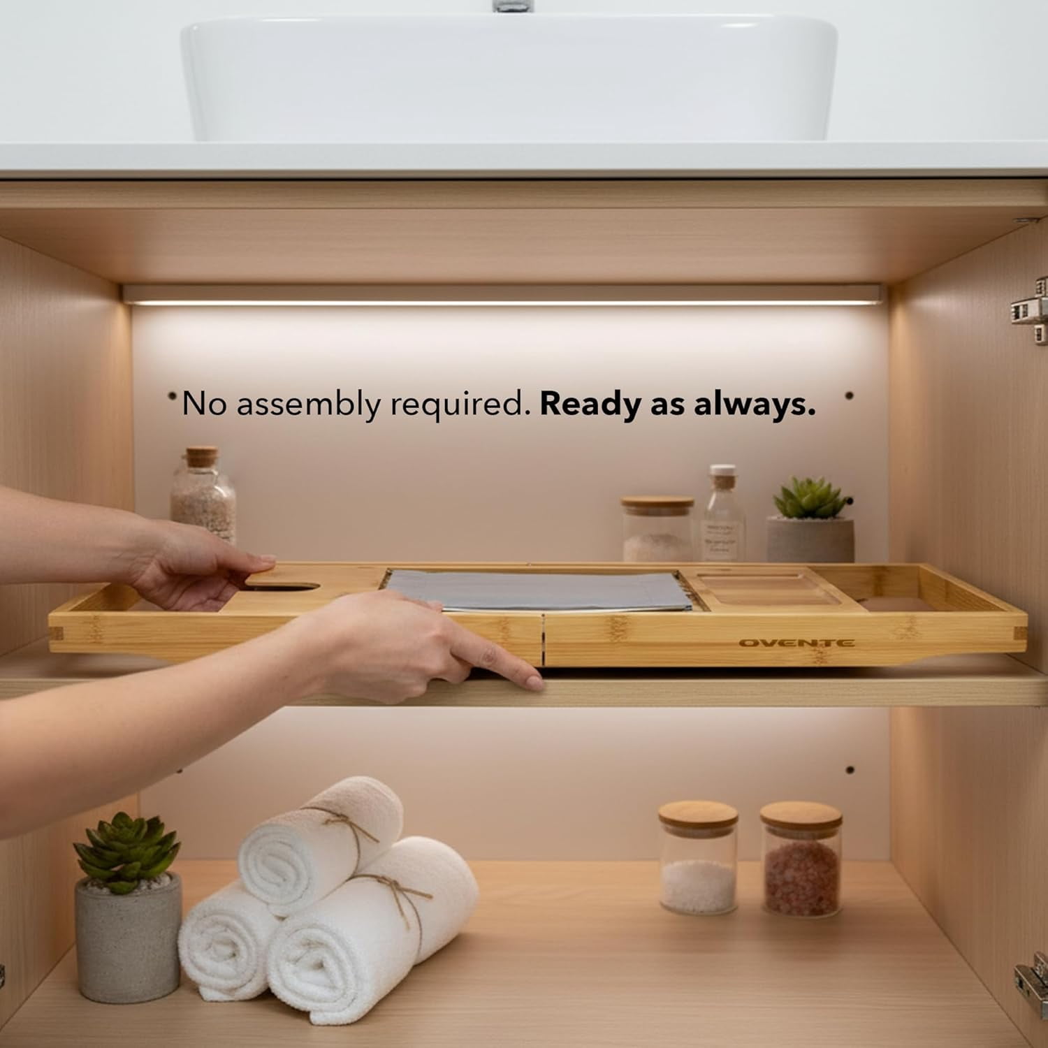 OVENTE Bathtub Tray Caddy, Expandable Bamboo Bath Tray Table, Wooden Tub Board with Books, Tablets, Phone and Wine Glass Holder, Bathroom Accessories and Home Spa Essentials, Wood BTC20228