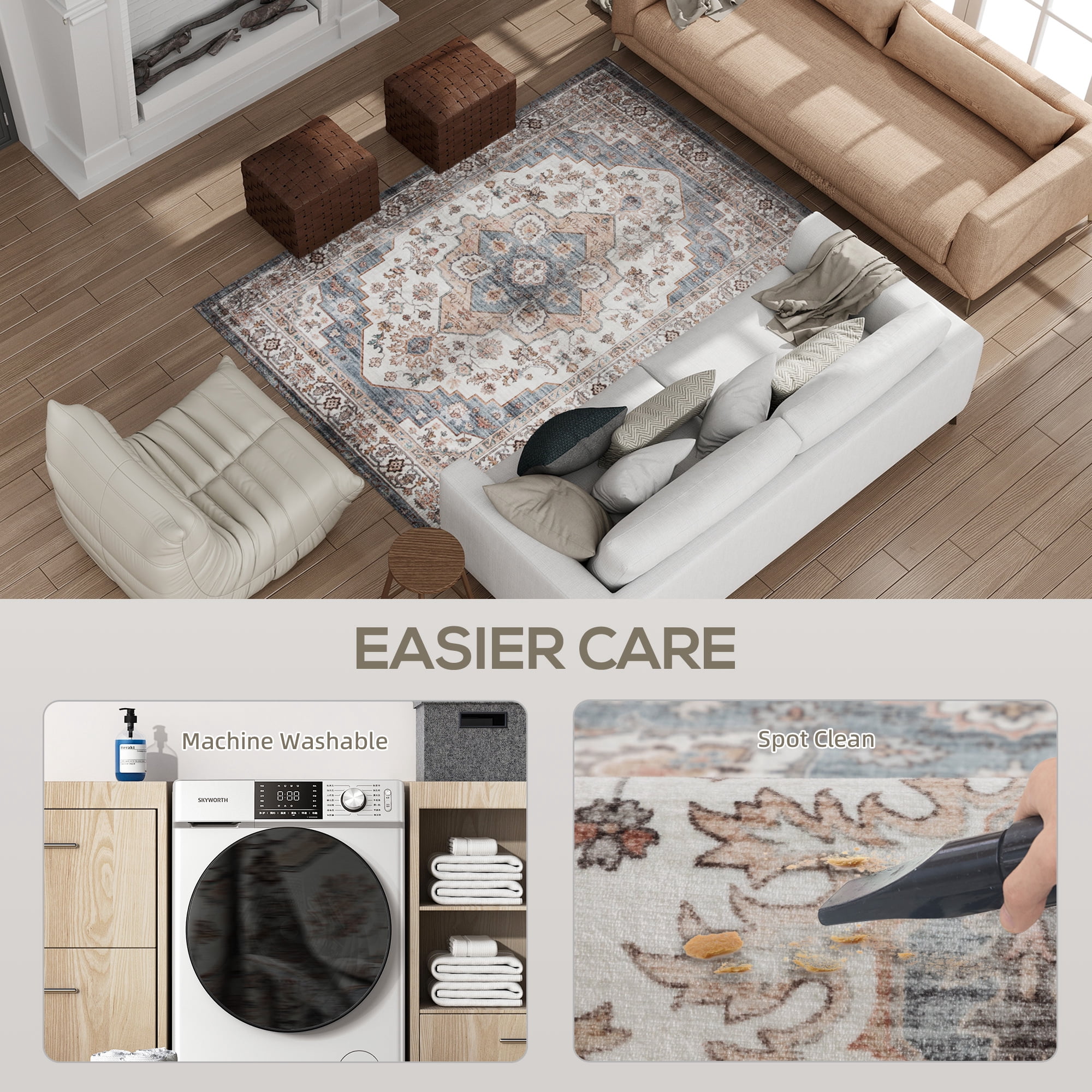4' x 6' Area Rug, Vintage Pattern Rug with Anti-Slip TPR Backing, Soft Floor Carpet for High Traffic Living Room, Easy to Clean
