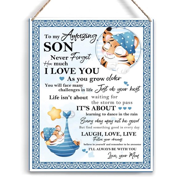 My Amazing Son Wooden Hanging Sign from Mom Son Gifts Family Wall Decor for Bedroom Birthday Christmas Thanksgiving Gifts for Son Him Wall Art Gifts for Boys Room 8x10 Inch
