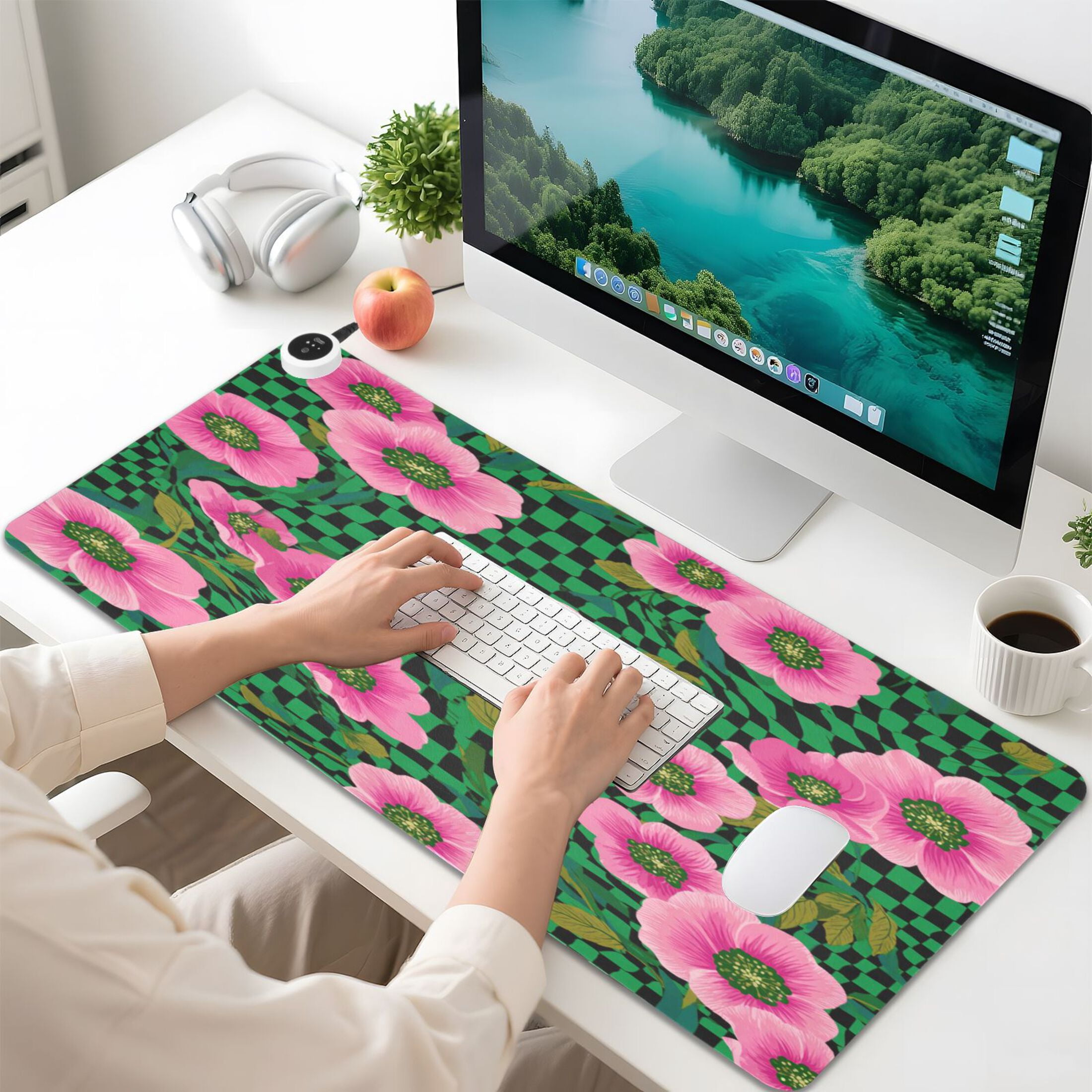 Large Heated Desk Mat Mouse Pad 31.5"x13"PU Leather Graphene Heating Desk Warmer with 3 Temperature Settings 110V US Plug Non-Slip Warm Pad for Home, Office, and Gaming Groovy Green and Pink Flowers