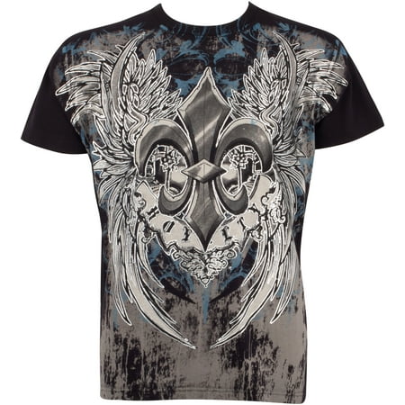 Sakkas Royalty Fleur de Lis Metallic Silver Embossed Cotton Mens Fashion T-Shirt - Black /