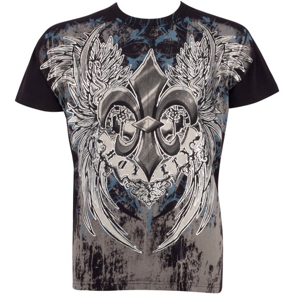 Sakkas Royalty Fleur de Lis Metallic Silver Embossed Cotton Mens Fashion T-Shirt - Black / Medium