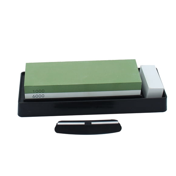 Portable 1000/6000 Grit White Corundum Double-Sided Whetstone Set with Silicone Holder, Plastic Base, White Stone Corrector & Black Angle Guide – Ideal for Kitchen Cutlery and Woodworking Tool
