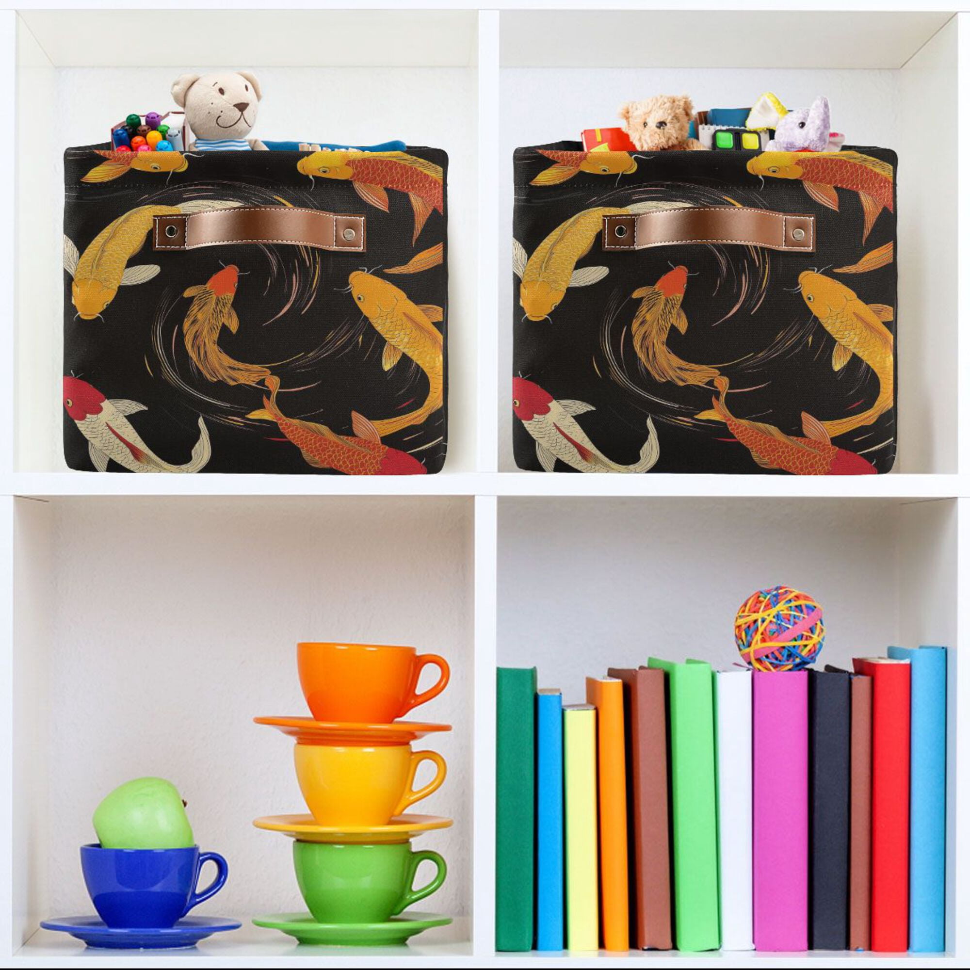 Yayeee 2 Pack Canvas Storage Basket with Handles for Shelves Fabric Bins Closet Organizer, Black Fish Pattern