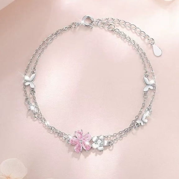 Dainty Double Layer Flower Butterfly Bracelet, Adjustable Copper Bracelet with Sparkling Pink Zircon, Elegant Hand Jewelry Gift for Women & Girls