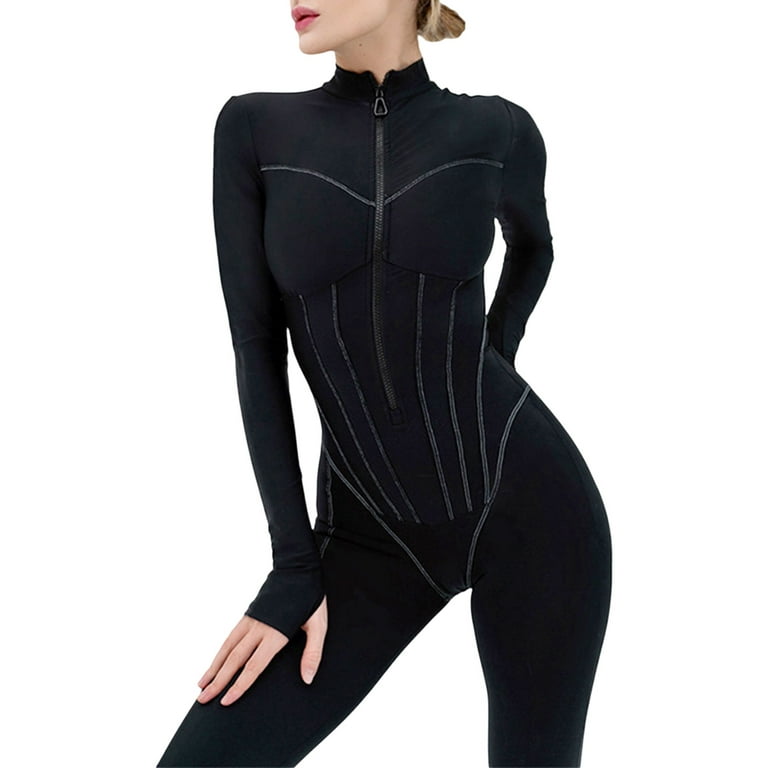 Spy Lady Costume Women Workout Yoga Romper Zip Up Slim Fit One Piece Full  Bodysuit