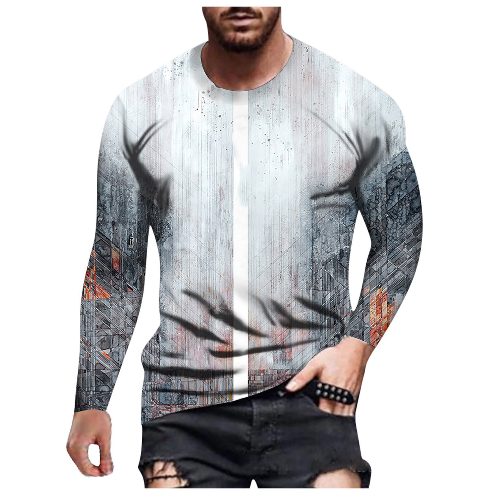 Mens Daily Casual-fit Striped Printing O-Neck Long Sleeves T-Shirt Top Blouse