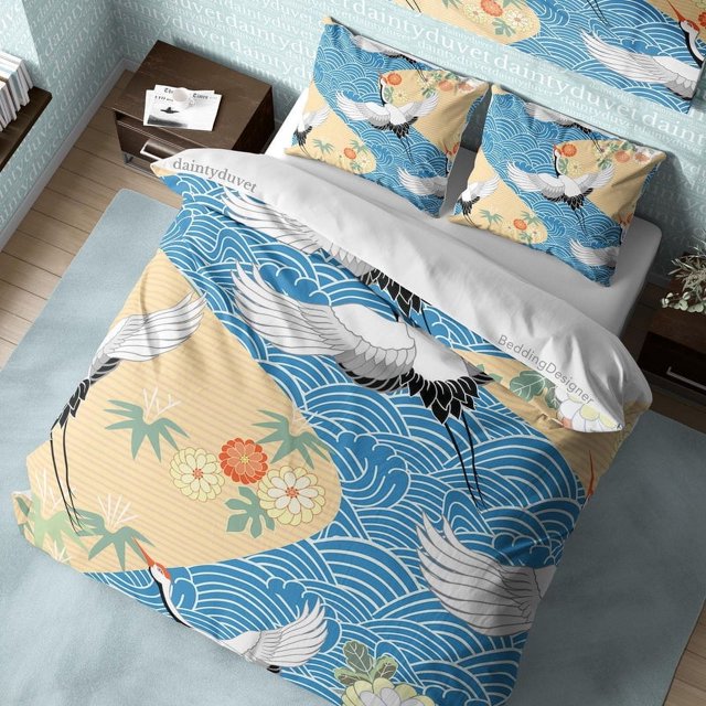 Crane Funda Nórdica Japonesa Juego de Cama, Oriental Patrón Manta Cubierta Océano