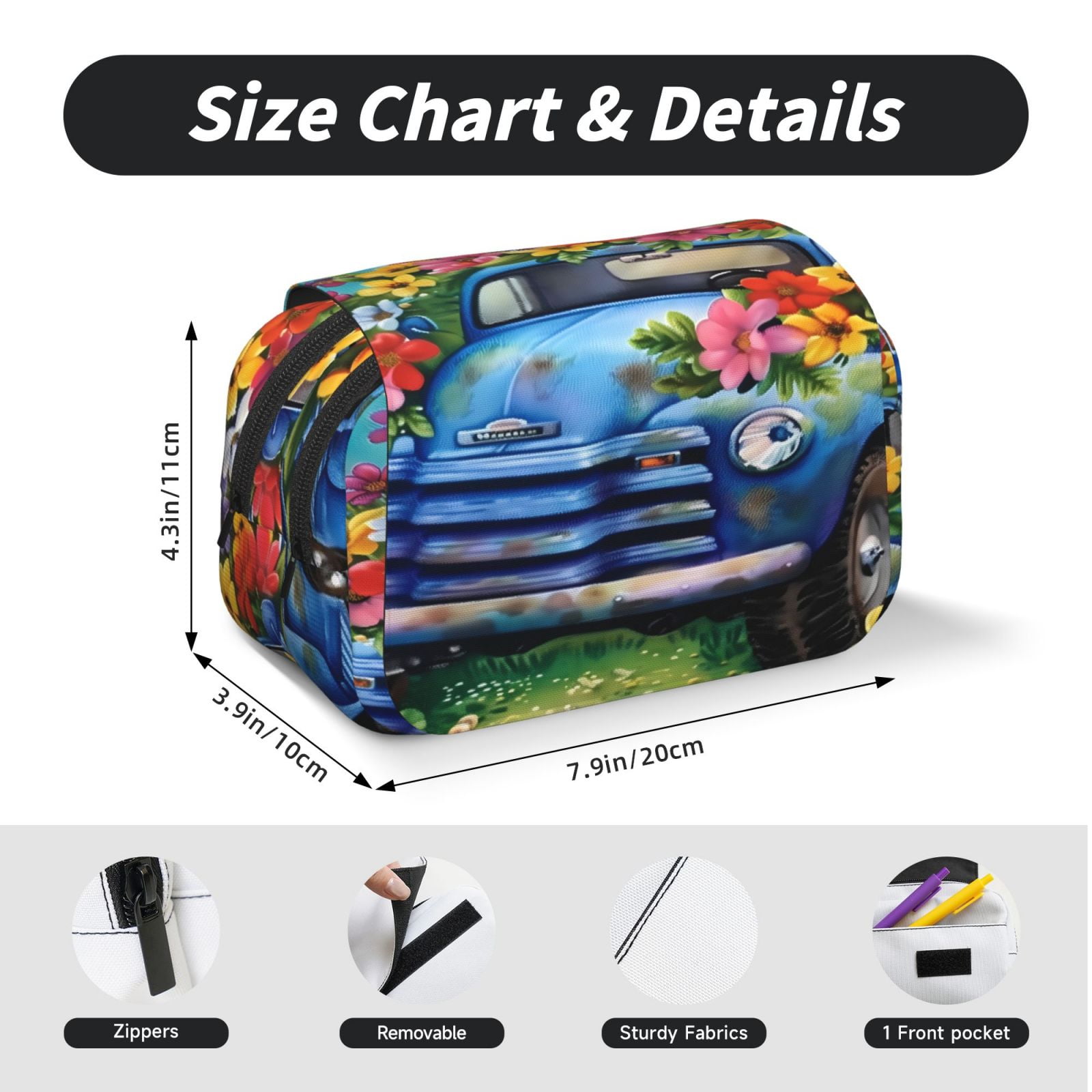 Rateoe Floral Truck Welcome Pattern Double Clamshell Pen Case, Storage Organizer with Two Zipper Compartments– Holds Up to 50 Pencils & Pens