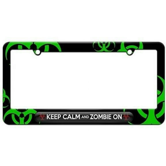 Keep Calm And Zombie On License Plate Tag Frame, Green Biohazard Design