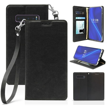 Case for Galaxy S10, [Black] Folio Leather Wallet Credit Card Slot ID Cover, View Stand [with Subtle Magnetic Closure and Wrist Strap Lanyard] for Samsung Galaxy S10 Phone (SM-G973)