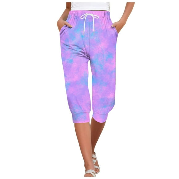 Women Slacks Fashion Print Thin Breathable Sweatpants Capris Pants Bottom Drawstring Joggers Leather Pants for Women Purple S