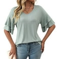 thumbnail image 3 of Womens V-Neck Tops Dressy Double Layer Bell Sleeve 3/4 Length Ruffle Sleeve T Shirts Bean Green S, 3 of 9