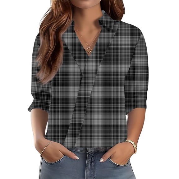 OIOLOYJM Polo Shirts for Women 2026 Plaid 3/4 Sleeve V Neck Golf Shirts Summer Lapel Sports Lightweight T-Shirt Casual Business Clothes Black S