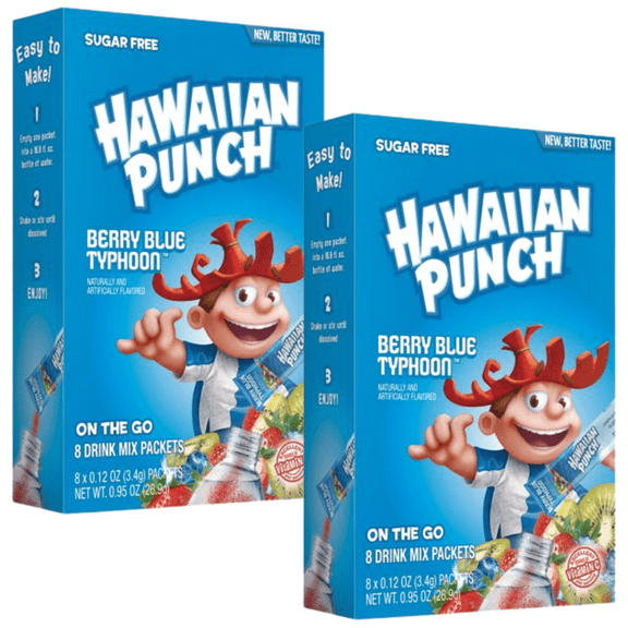 Hawaiian Punch Singles To Go Powder Sticks, Water Drink Mix, Berry Blue Typhoon,  Sugar-Free Low-Calorie Water Enhancer Powder Beverages 2 Boxes - 8 Sachet per Box - 16 Total Servings