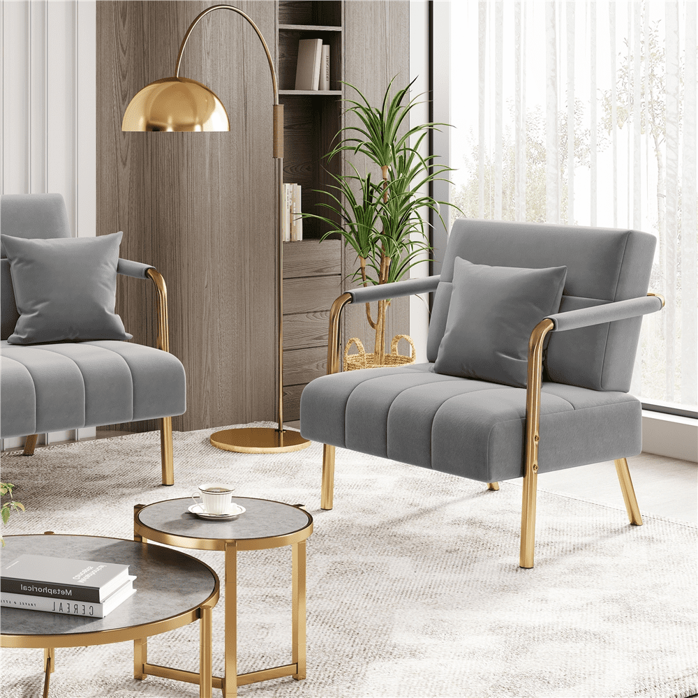 Renwick Velvet Accent Armchair with Cozy Pillow, Light Gray