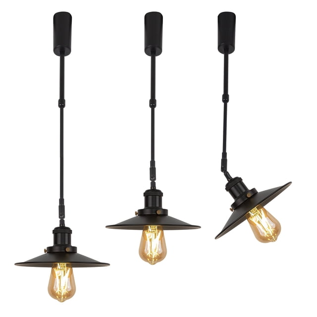 FSLiving Adjustable Height Track Pendnat Light J-Type Retractable Lift Track Spotlight with Telescoping Rod Adjustable Gimbaled Lamp-Post Juno Track DIY Retro Cover Lamp, Black - 3 Lights