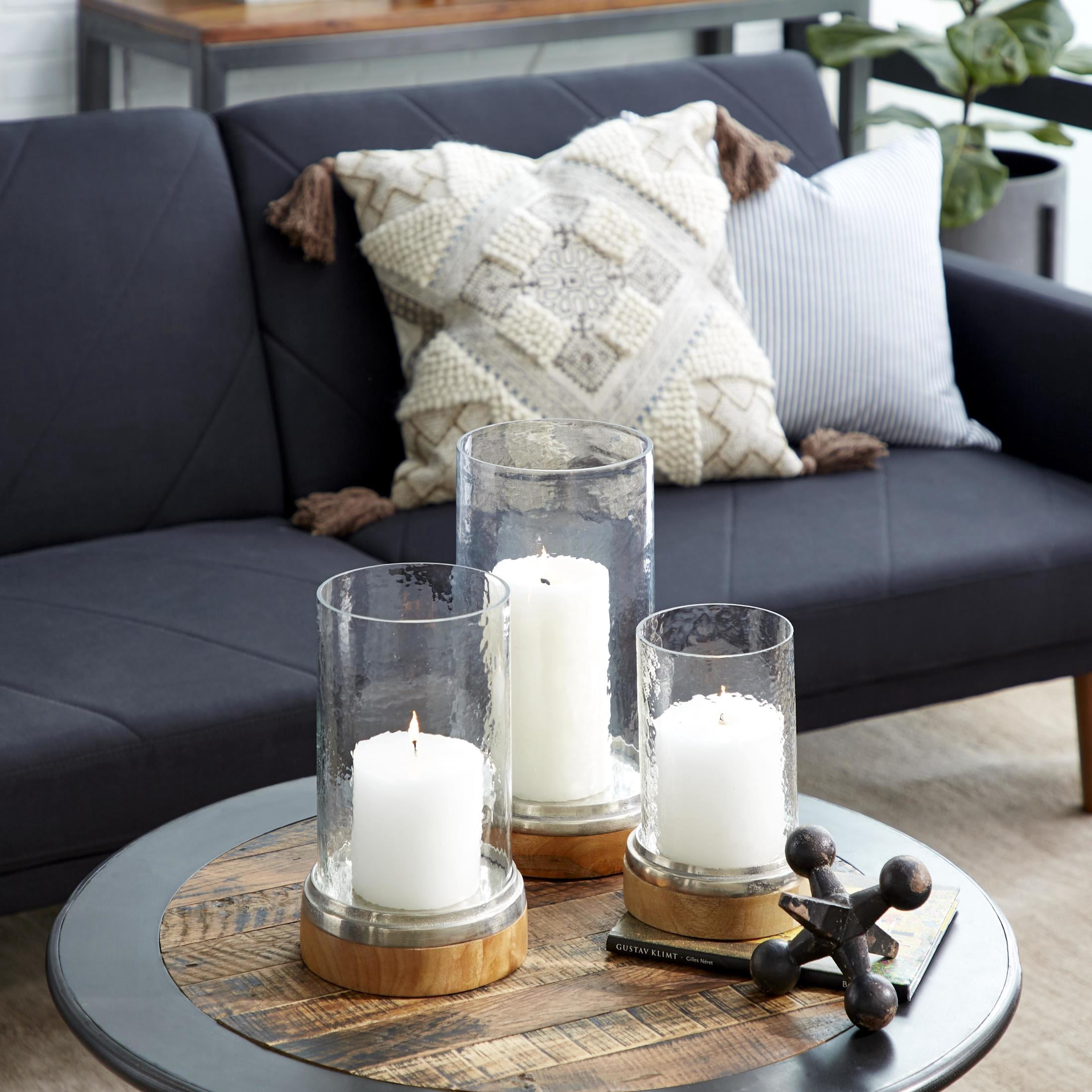 DecMode 3-Slot Brown Wood Pillar Hurricane Lamp with Glass Candle Holders, Set of 3