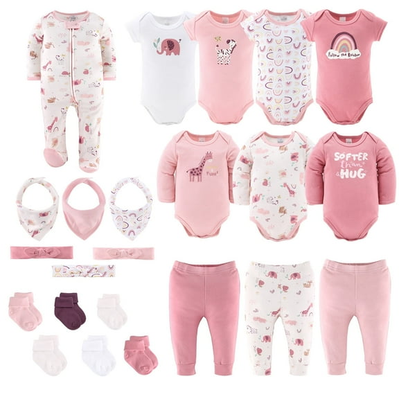 The Peanutshell Layette Gift Set for Baby Girls, 23 Essential Pieces, Pink Rainbow Safari Animals, 12-18 Months