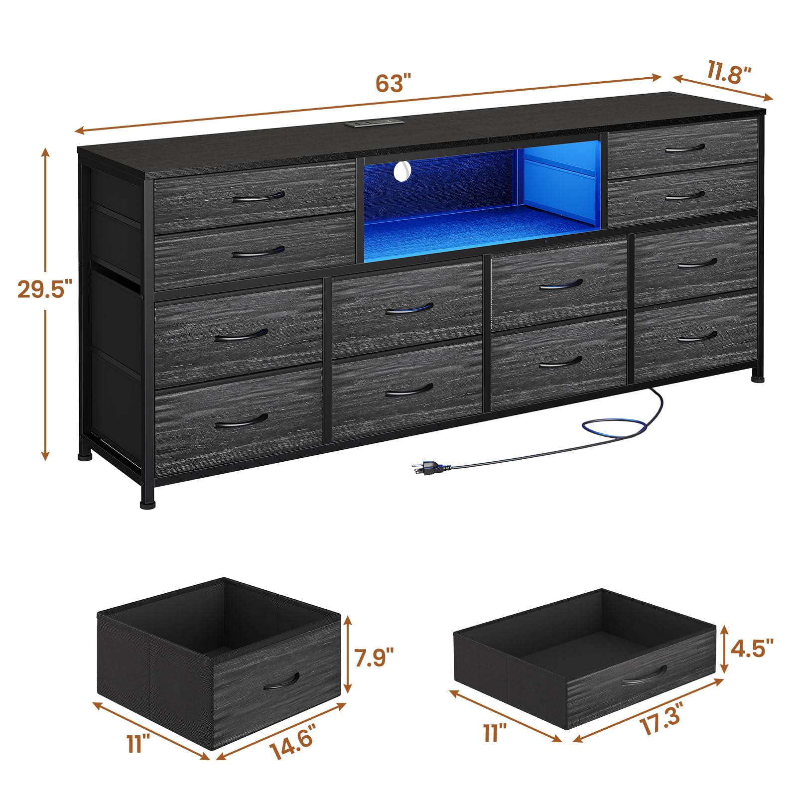 63 inch TV Stand Dresser with LED Light and Power Outlets for Bedroom , Media Console Table for 32/45/55/65 inch TVs,Entertainment Center with 12 Drawers,Black Wood Grain