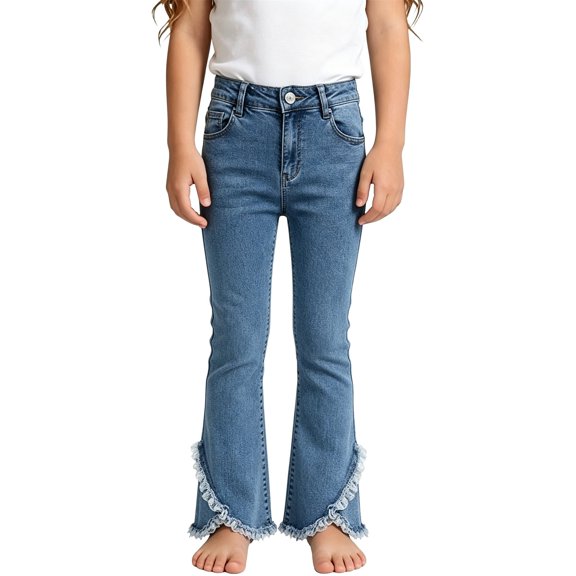 EnJoCho Girls' Flared Jeans Kids Denim Bootcut Pants Teen Trendy Asymmetric Lace Hem Bell Bottom Trousers Distressed Washed Jeggings Little Girl Flare Jeans