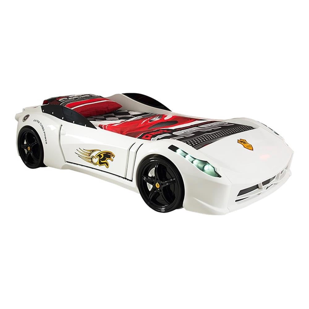 Pemberly Row Modern Wood Twin Race Car Bed with Remote Control in White