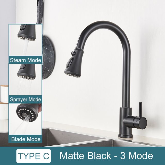 Grifo de cocina negro con envío gratis, mezclador extraíble de dos funciones con un solo mango, grifos de agua fría y caliente montados en cubierta Tan Jianjun unisex