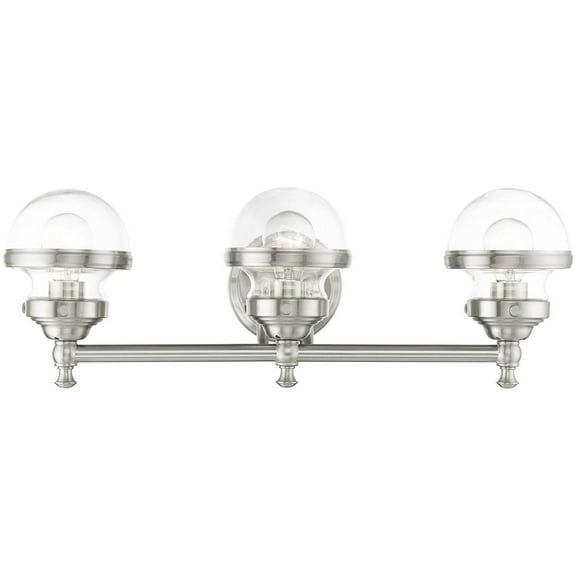 24 inch 3 Light Brushed Nickel Bathroom Vanity light fixture with Hand Blown Clear Glass Shade