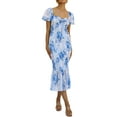 thumbnail image 1 of Coduop Women Floral Midi Dress Short Puff Sleeve Square Neck Bodycon Ruffle Mermaid Smocked Dress, 1 of 9