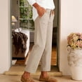 thumbnail image 5 of Karymi Jean Shorts Solid Fake Linen Mid Rise Button Zip Fly Slim Straight Leg Cropped Ankle Length Casual Trouser Pants with Front Slant Pockets Summer Outfits, 5 of 5