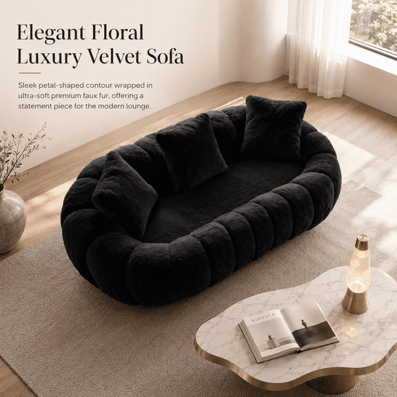 Black Faux Fur Loveseat Sofa, Flower Shaped 2-Seater Couch for Living Room