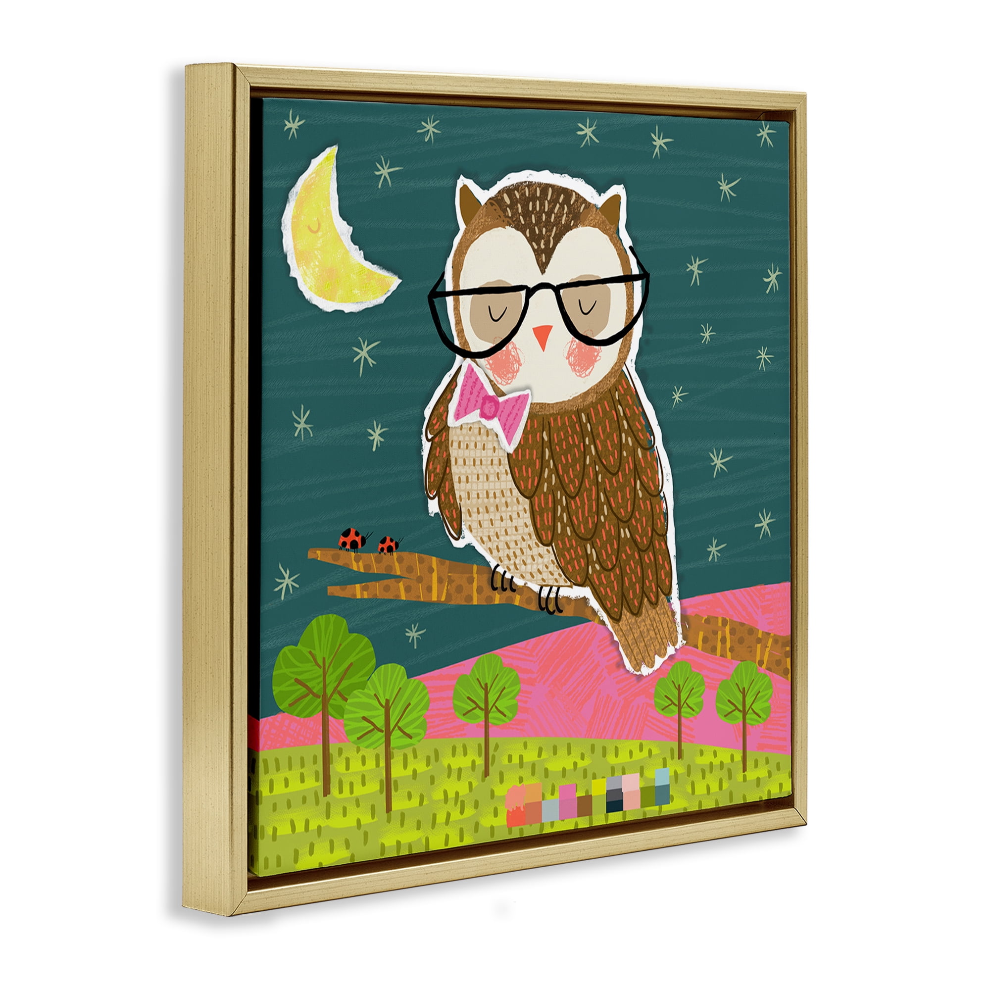 Stupell Industries Wise Owl on Branch Animals Painting Gold Floater Framed Canvas Art Print Wall Art, 18 x 18